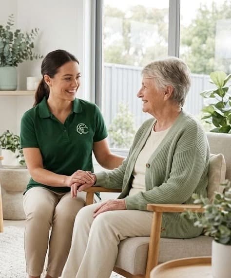 Dedicated EC Care Services support worker in dark green uniform smiling warmly and holding hands with an older Australian client at home